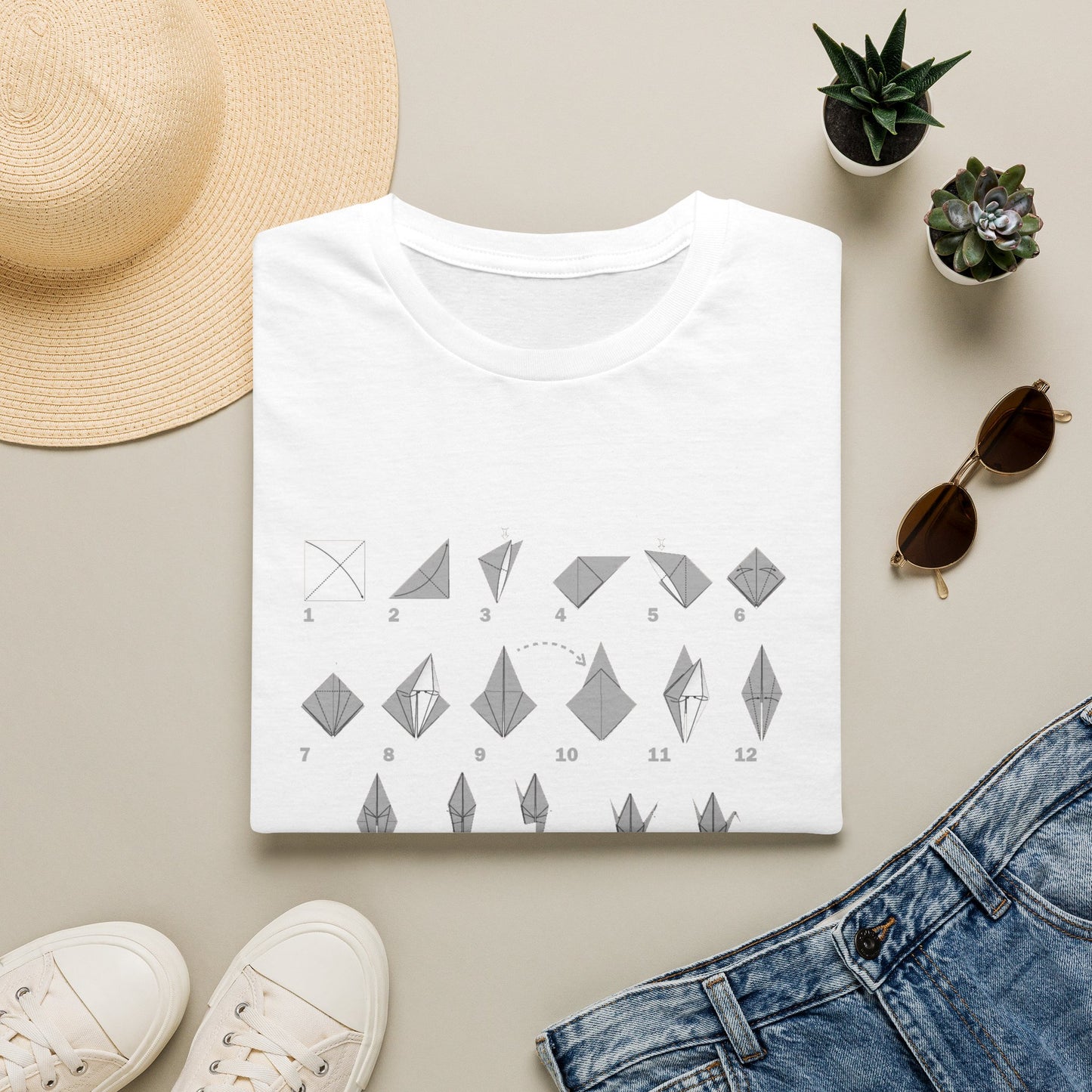Origami Crane Folding Steps T-Shirt, Illustrated Paper Fold Diagram Tee