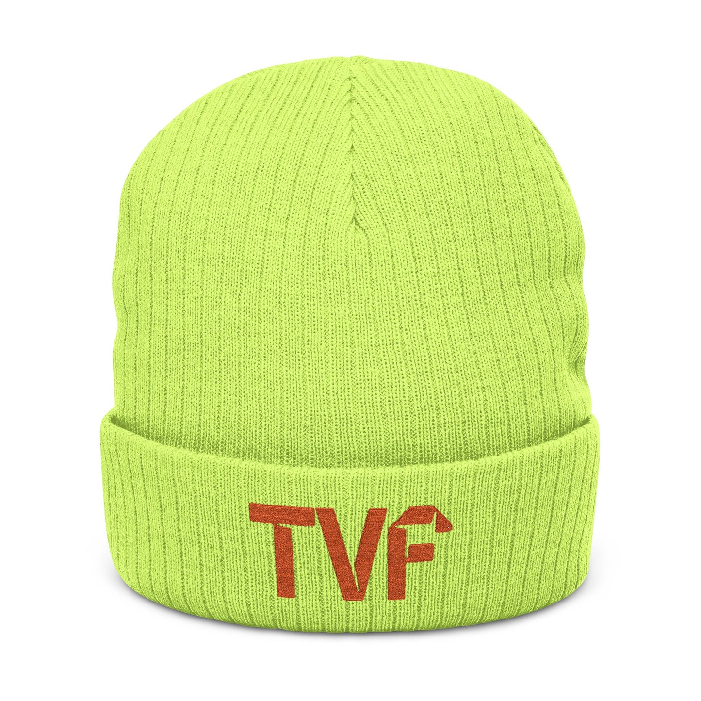 Embroidered 'TVF' Ribbed Knit Beanie, Warm Black Cuffed Hat