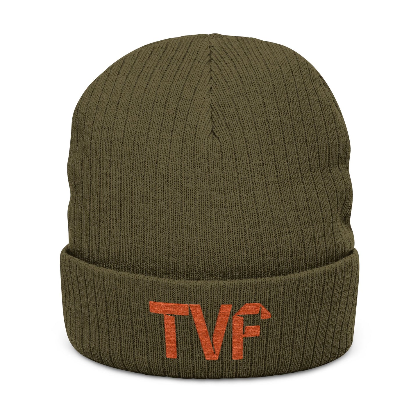 Embroidered 'TVF' Ribbed Knit Beanie, Warm Black Cuffed Hat