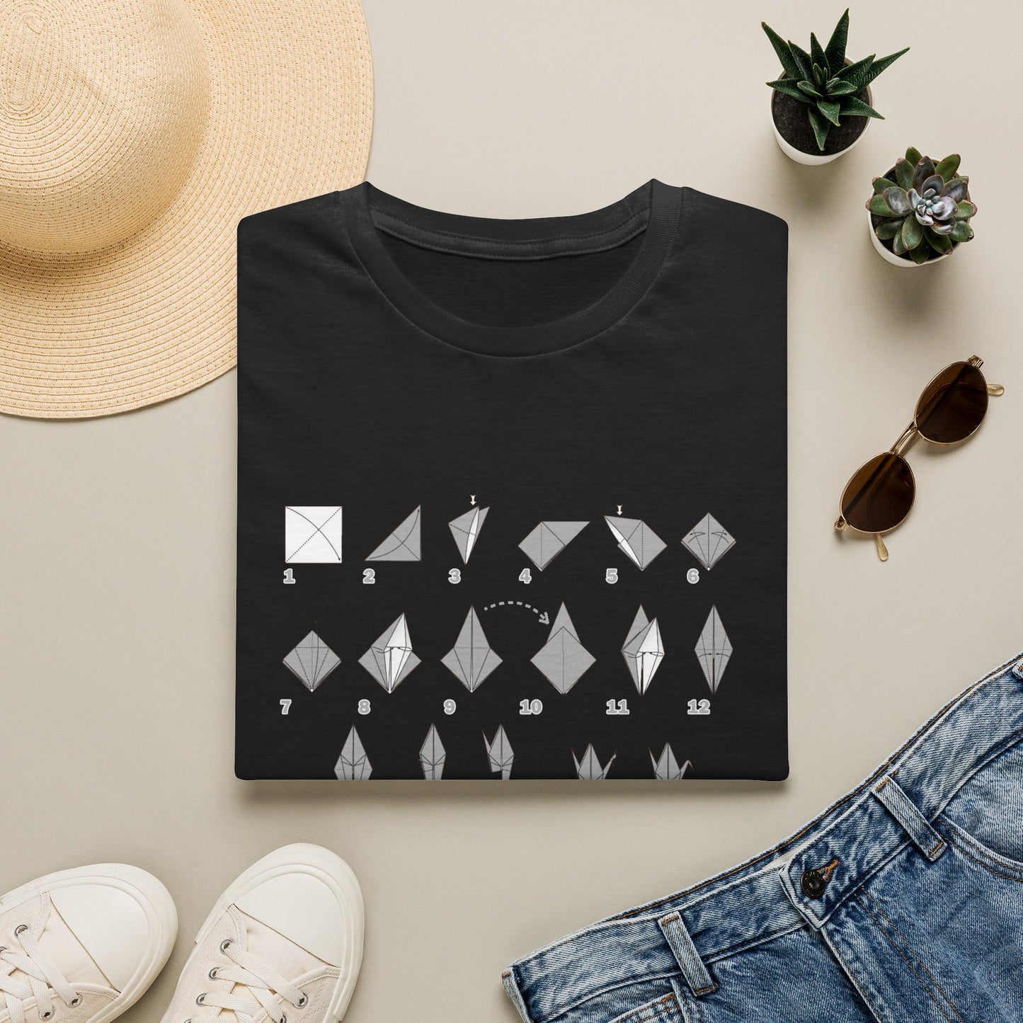 Origami Crane Folding Steps T-Shirt, Illustrated Paper Fold Diagram Tee