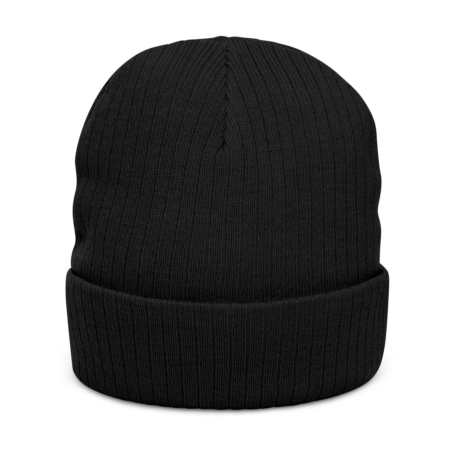Embroidered 'TVF' Ribbed Knit Beanie, Warm Black Cuffed Hat