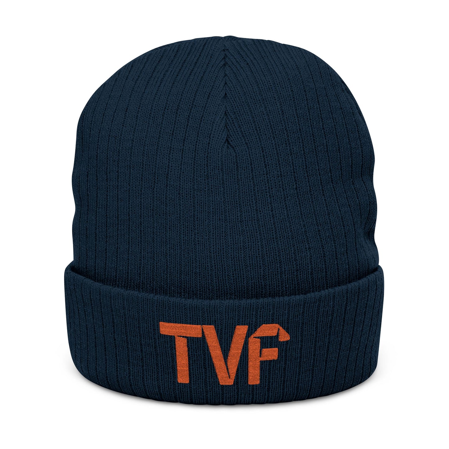 Embroidered 'TVF' Ribbed Knit Beanie, Warm Black Cuffed Hat