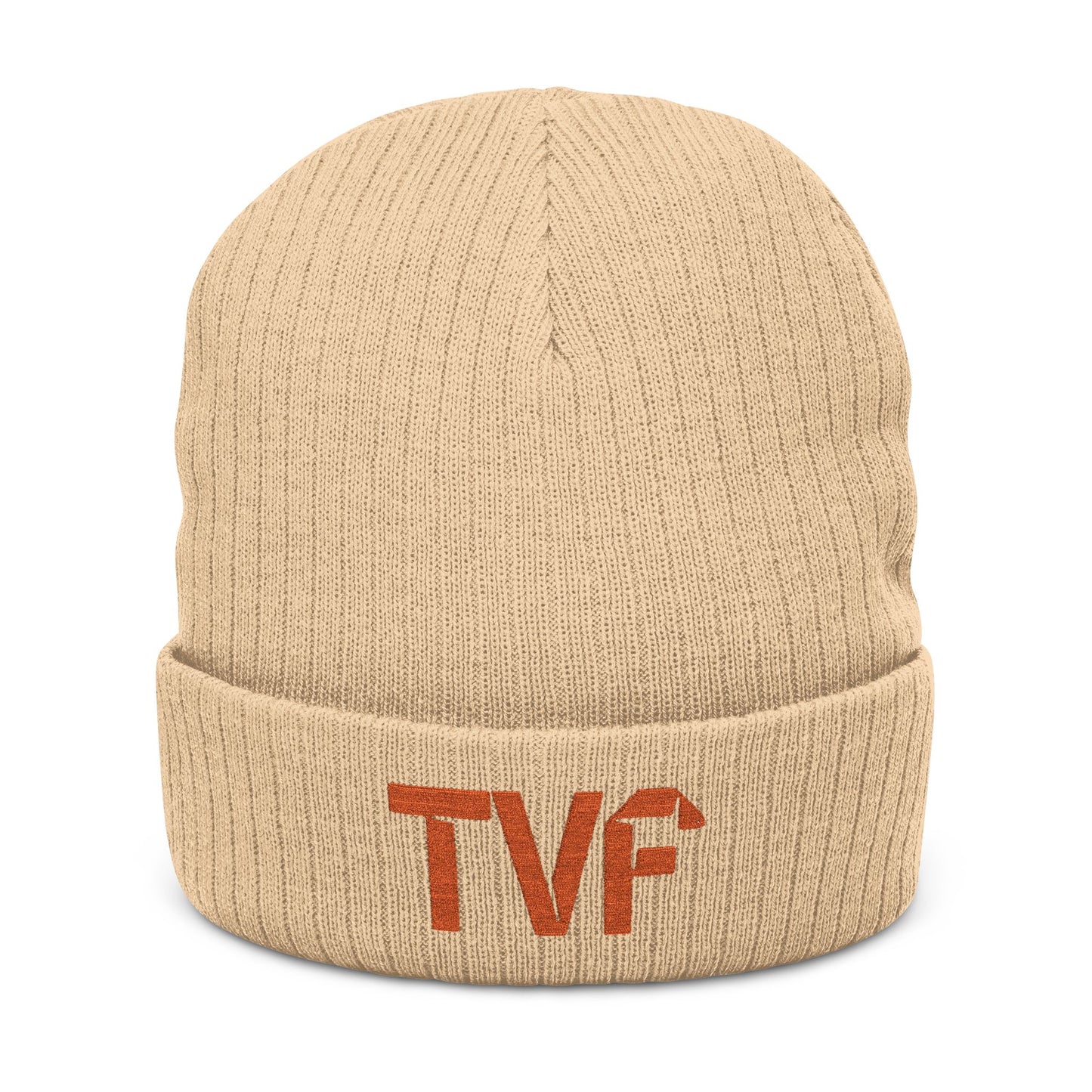 Embroidered 'TVF' Ribbed Knit Beanie, Warm Black Cuffed Hat
