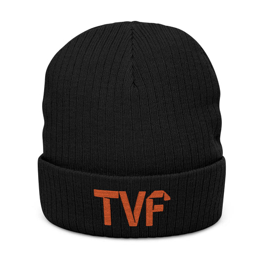 Embroidered 'TVF' Ribbed Knit Beanie, Warm Black Cuffed Hat